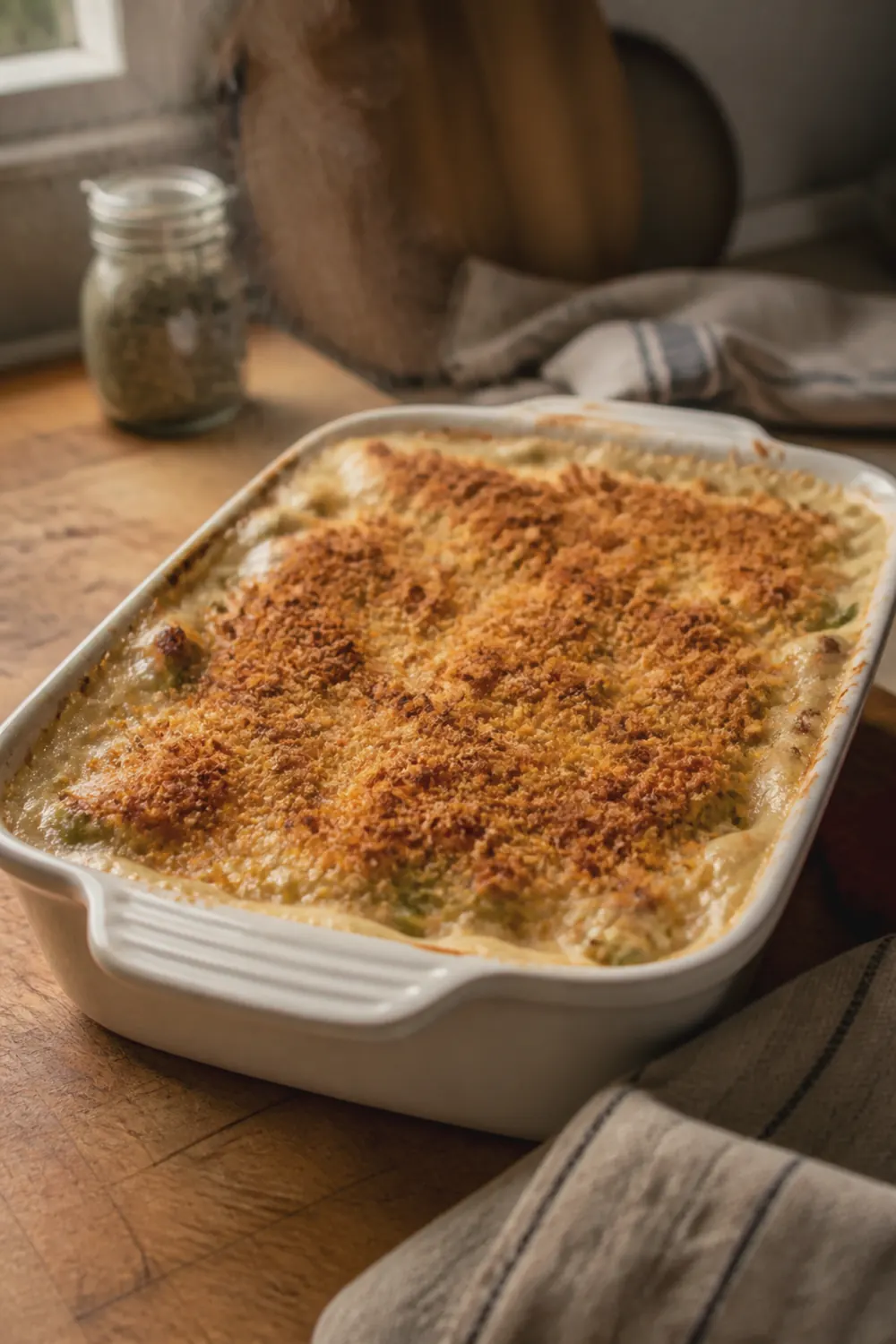 The finished casserole fresh from the oven with golden breadcrumb topping and bubbling edges visible