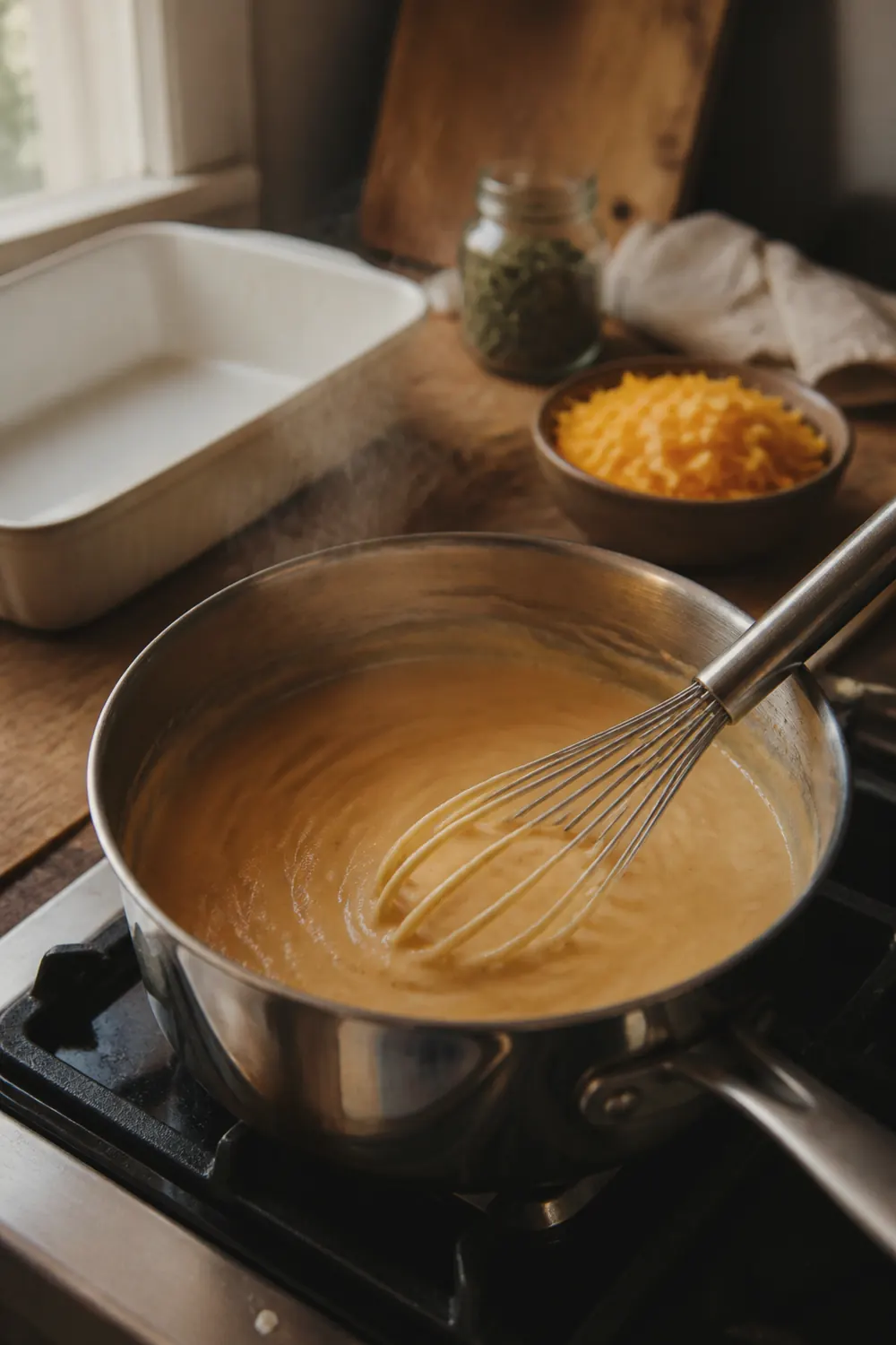 A creamy cheese sauce in a saucepan with a whisk, showing the thick consistency coating the back of a spoon