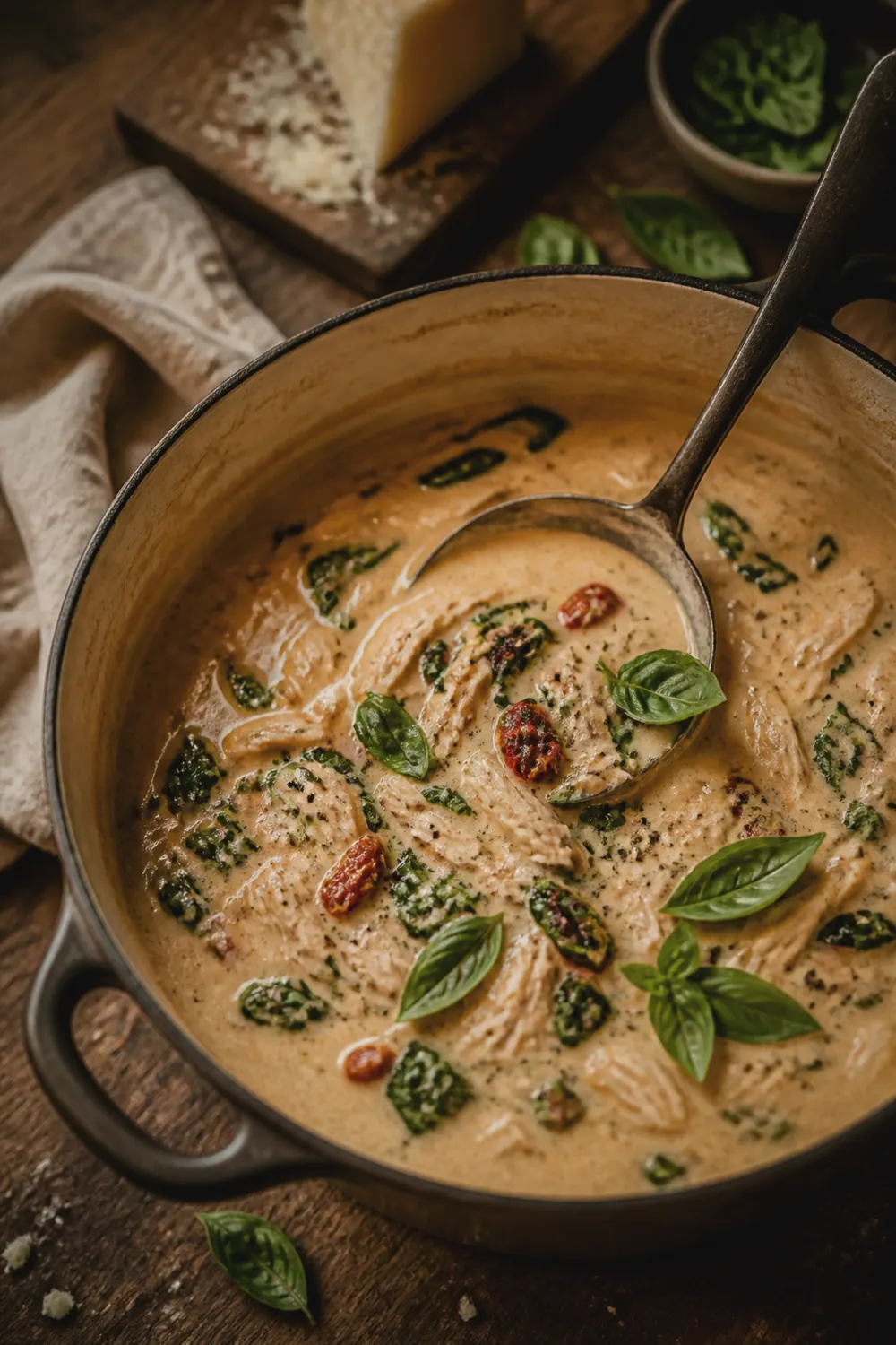 Finished creamy marry me chicken soup in a Dutch oven with shredded chicken, wilted spinach, sun-dried tomatoes, and melted parmesan in a rich ivory broth
