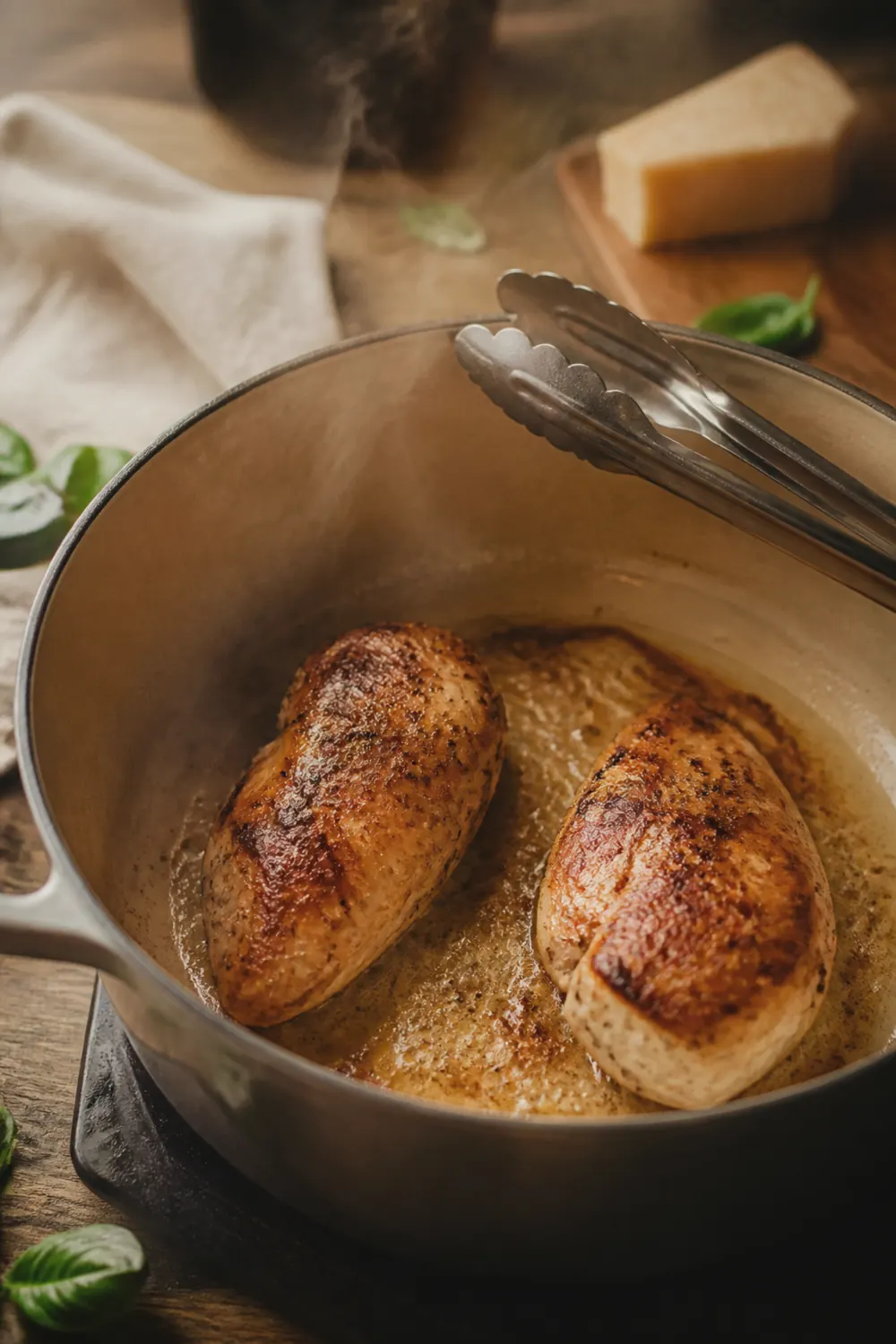 Two chicken breasts searing golden-brown in a Dutch oven with olive oil, fond building on the bottom of the pot