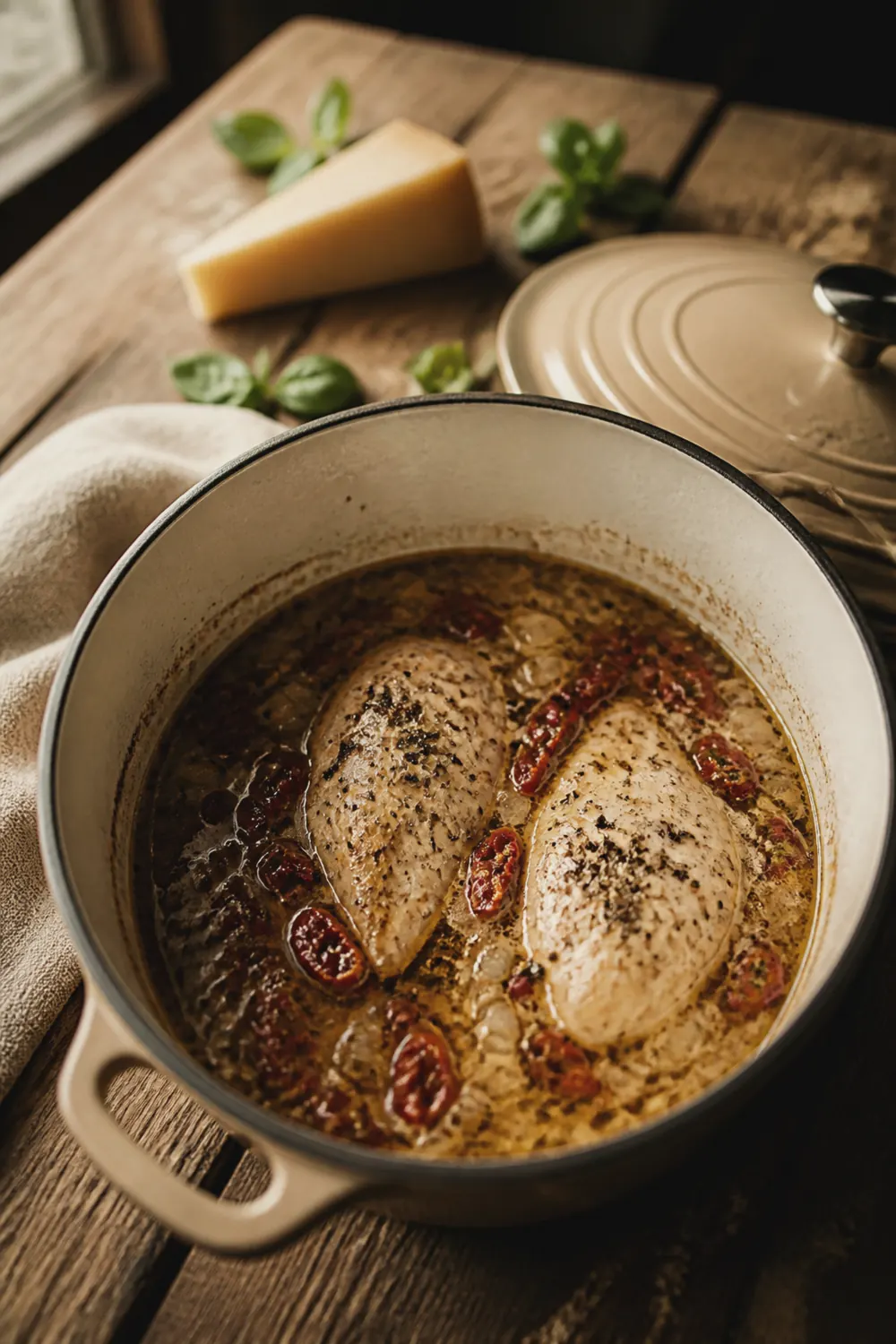 Dutch oven with simmering broth, chicken breasts submerged, sun-dried tomatoes and herbs visible in the golden liquid