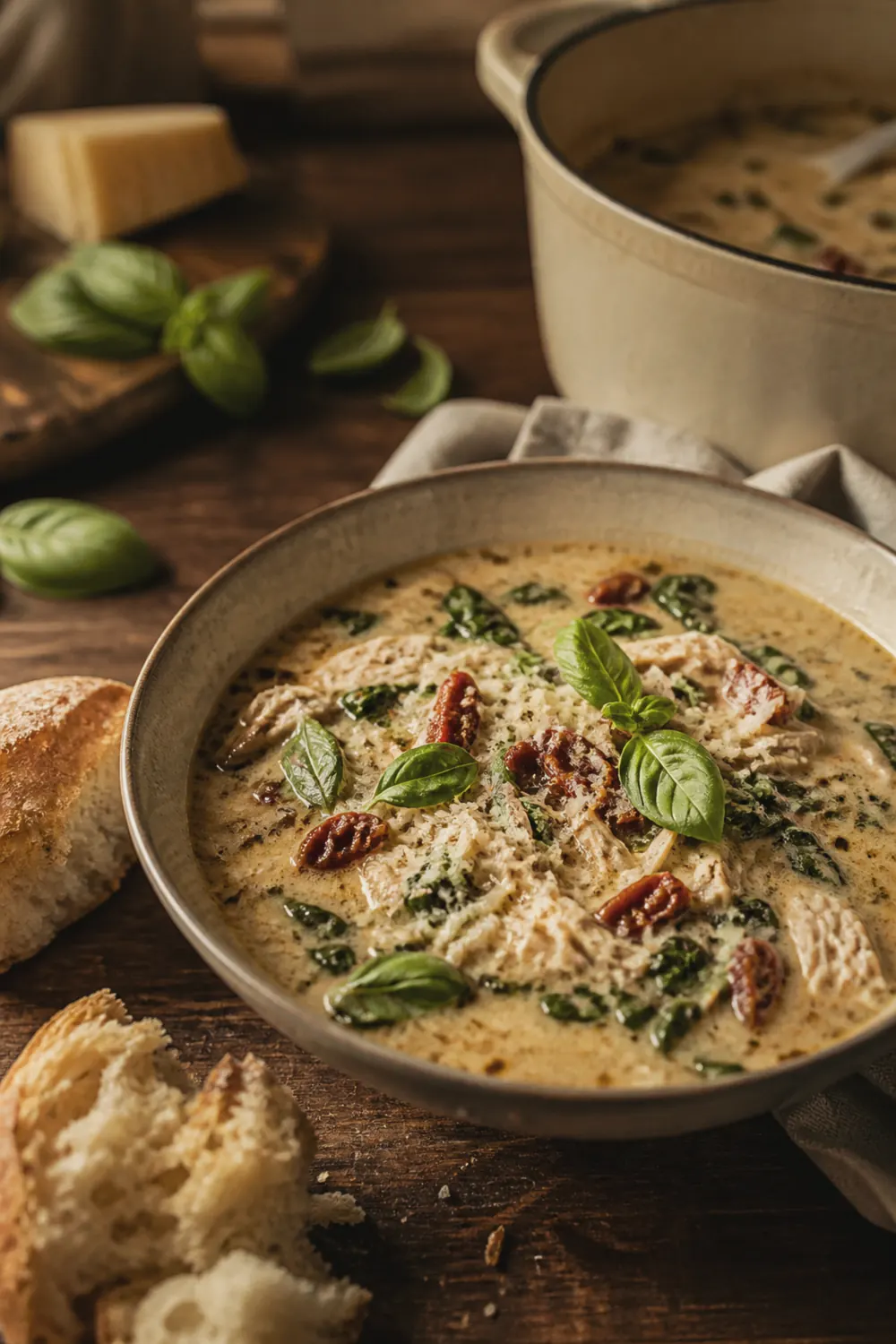 A bowl of creamy marry me chicken soup with shredded chicken, sun-dried tomatoes, and fresh basil in a rich golden broth, served on a rustic wooden table with crusty bread alongside.