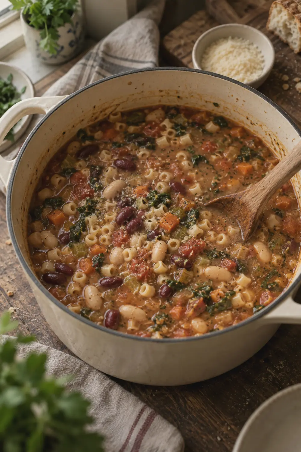 Ditalini pasta and white and red beans being stirred into the thick tomato broth in a large pot, the soup visibly thicker than before