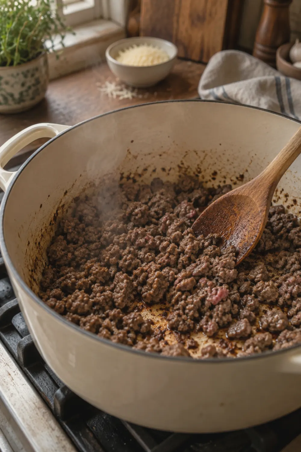 Ground beef browning in a Dutch oven with golden brown crumbles and fond developing on the bottom of the pot