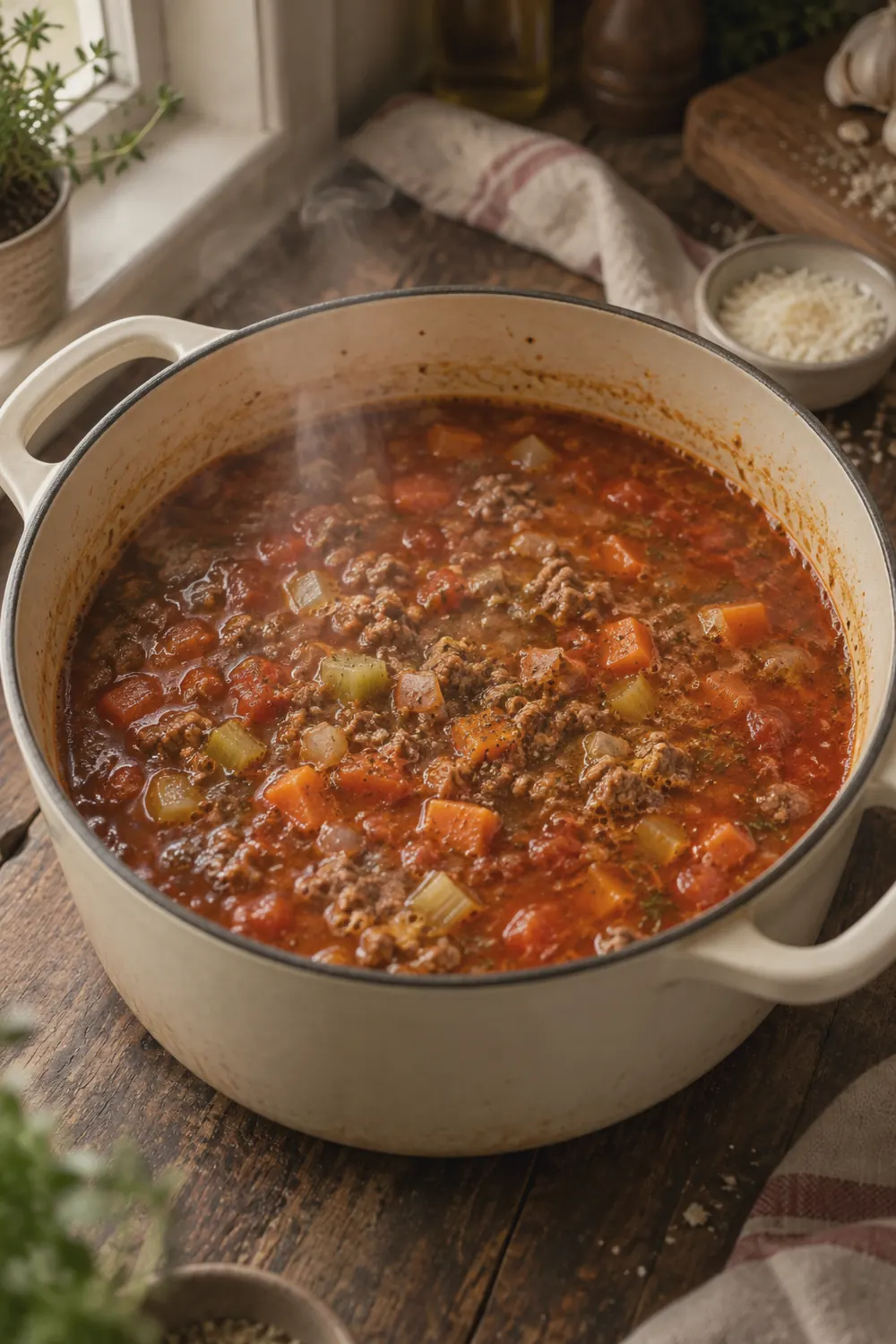 A pot of rich tomato broth with ground beef, diced carrots, celery, and onion simmering together, steam rising from the surface