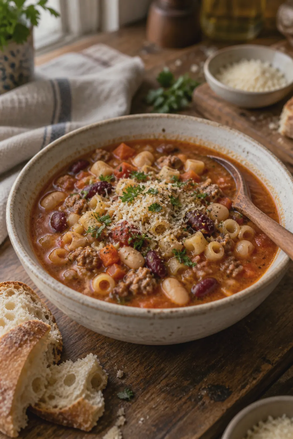 A rustic ceramic bowl filled with pasta e fagioli soup showing ditalini pasta, white cannellini beans, ground beef crumbles, diced carrots, and celery in a thick reddish tomato broth, set on a linen napkin with a wooden spoon and crusty Italian bread.