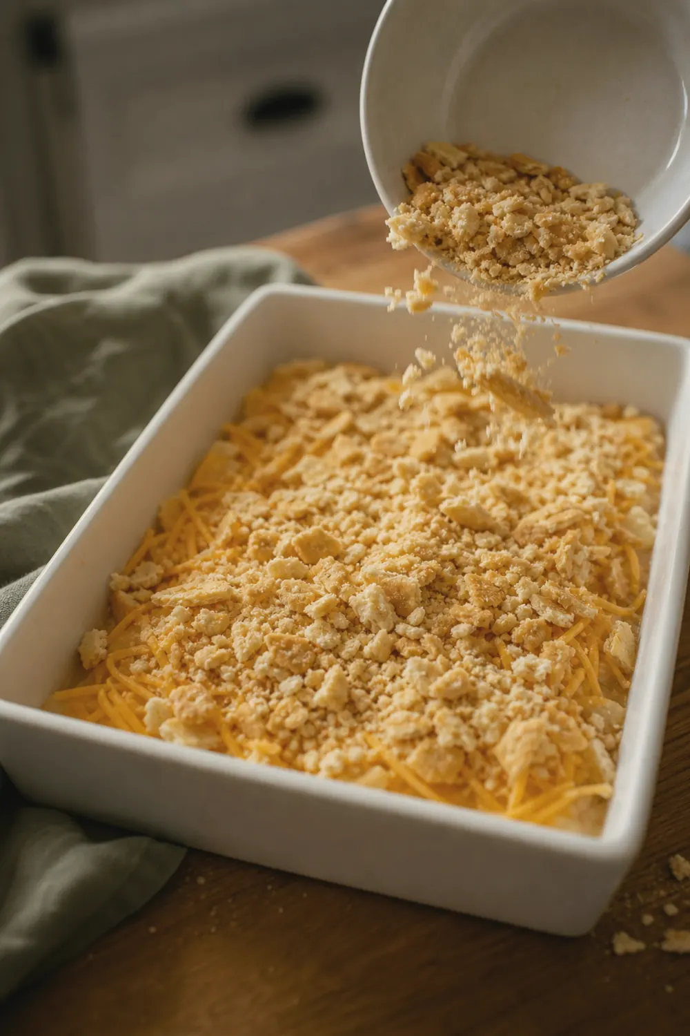 Shredded cheddar cheese spread over pineapple filling in a white baking dish, with crushed Ritz crackers and melted butter ready to go on top