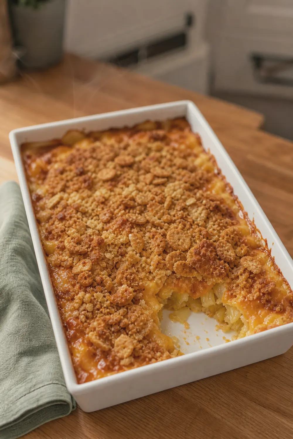 Finished pineapple casserole with a golden-brown Ritz cracker crust and bubbly melted cheddar visible at the edges, baked in a white dish