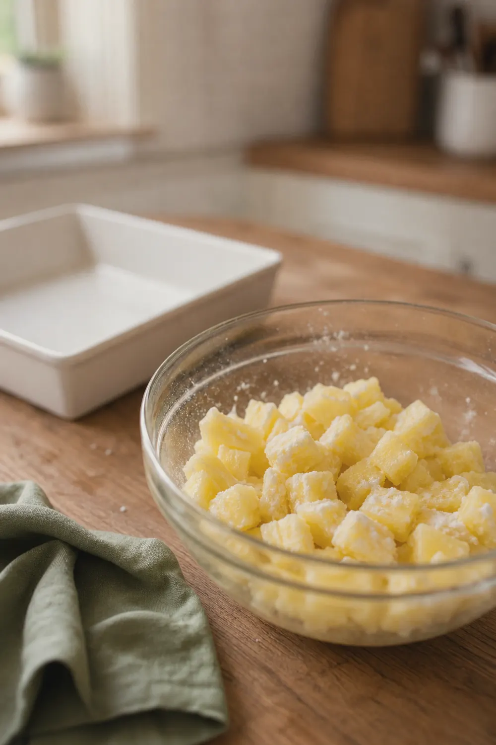 Pineapple chunks tossed with sugar and flour in a glass mixing bowl, glistening with reserved pineapple juice