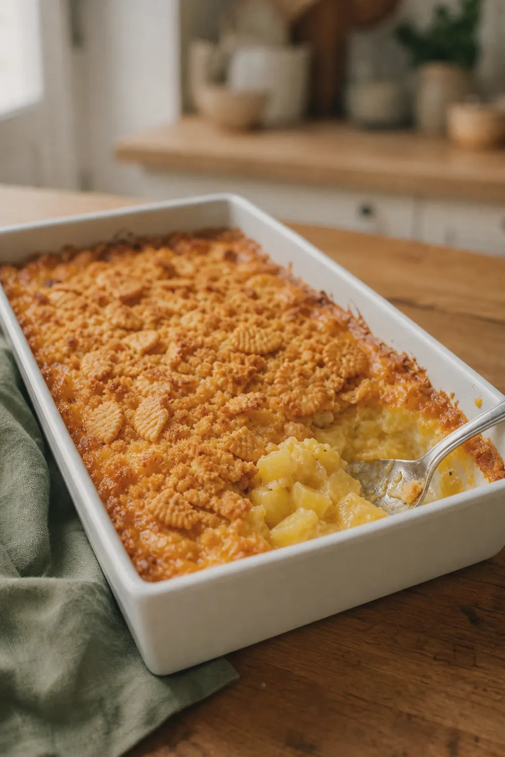 Golden pineapple casserole in a white baking dish with a crispy Ritz cracker topping and melted cheddar, one corner scooped to show the warm pineapple filling.
