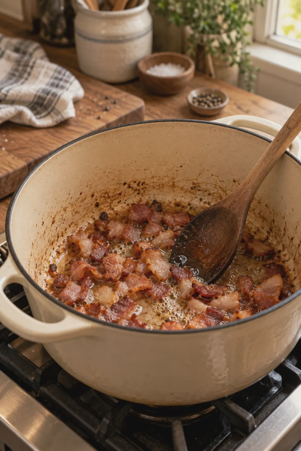 Chopped bacon crisping in a Dutch oven with rendered fat pooling around the golden pieces