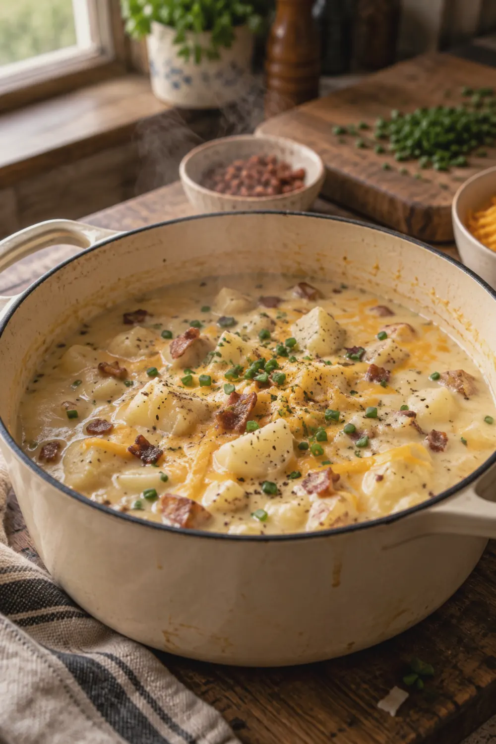 Finished creamy potato soup in a Dutch oven with melted cheddar visible in the thick ivory broth and chunks of potato throughout