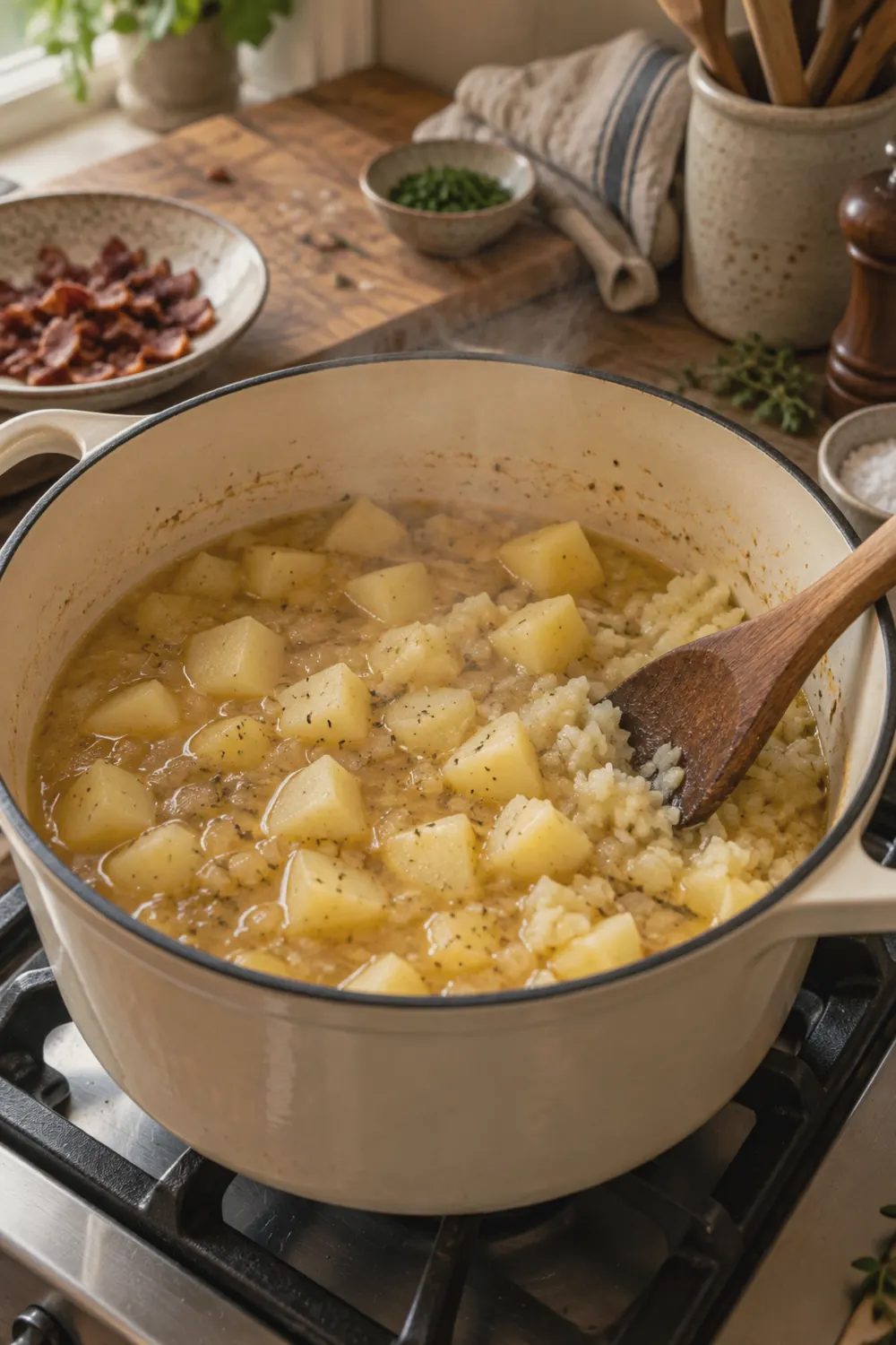A Dutch oven of simmering potato soup with cubed potatoes in golden broth, a wooden spoon mashing some potatoes against the side of the pot