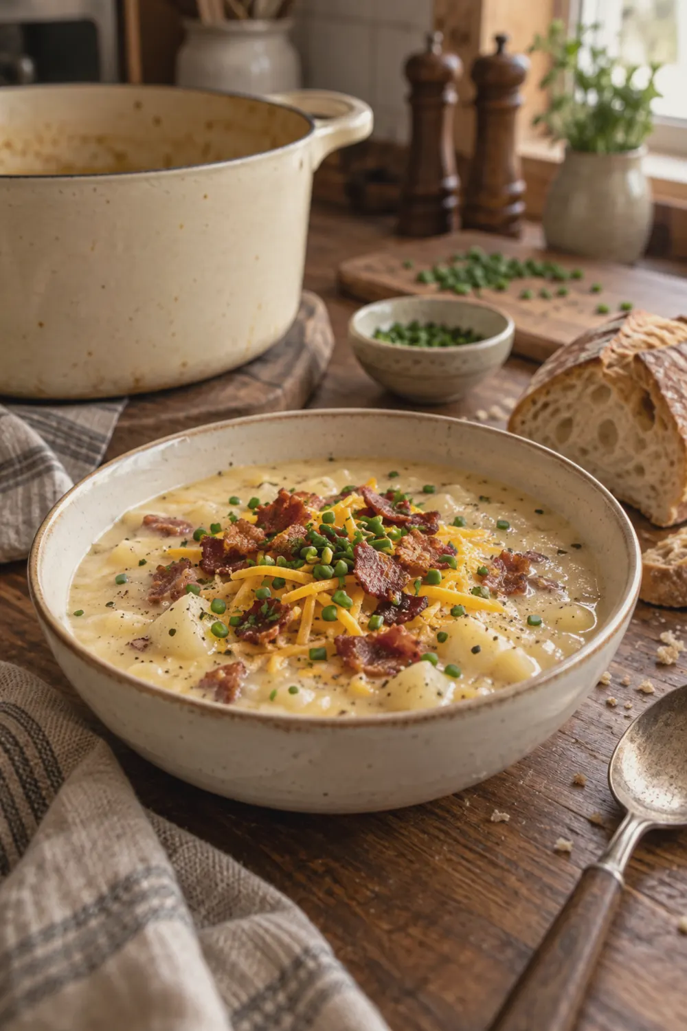 A bowl of thick creamy potato soup topped with crispy bacon bits, shredded cheddar cheese, and chopped fresh chives on a wooden table with a spoon and crusty bread alongside.