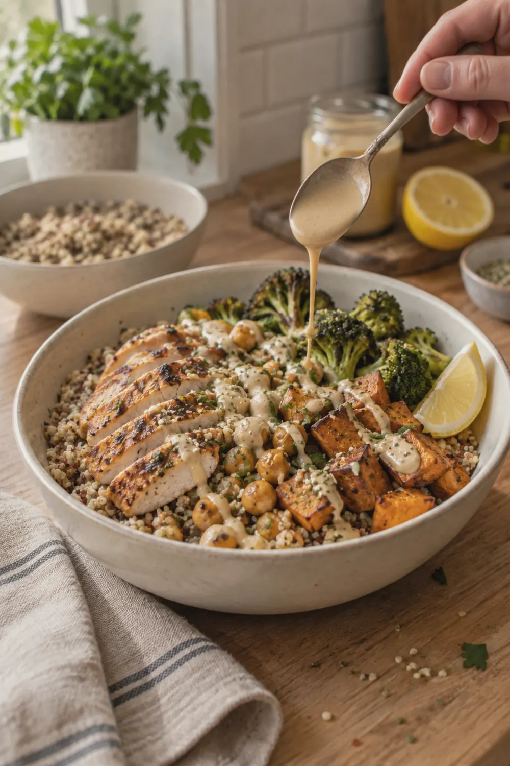 Assembled protein bowl from above showing neat sections of sliced chicken, golden roasted sweet potato, charred broccoli, and chickpeas over fluffy quinoa, drizzled with creamy tahini sauce in a deep ceramic bowl