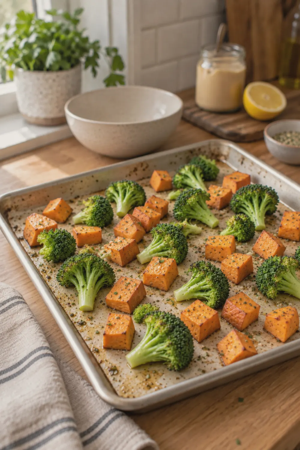 Sweet potato cubes and broccoli florets spread on a rimmed baking sheet, glistening with olive oil, halfway through roasting with lightly charred edges on the broccoli