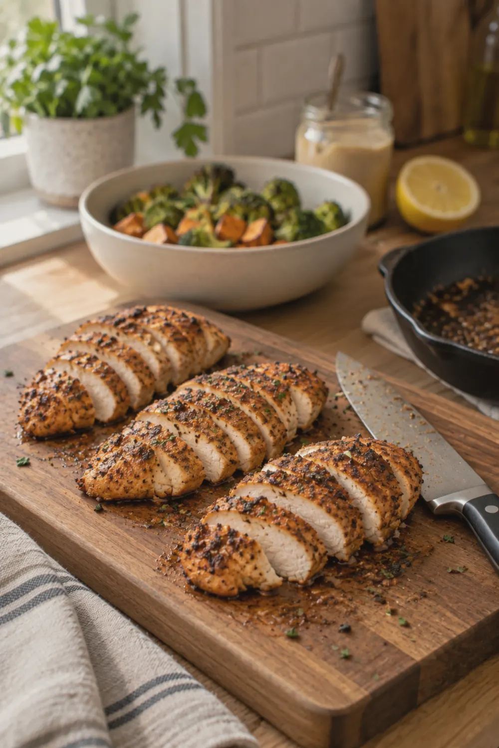 Sliced seasoned chicken breast on a wooden cutting board showing juicy interior, with a skillet visible in the background