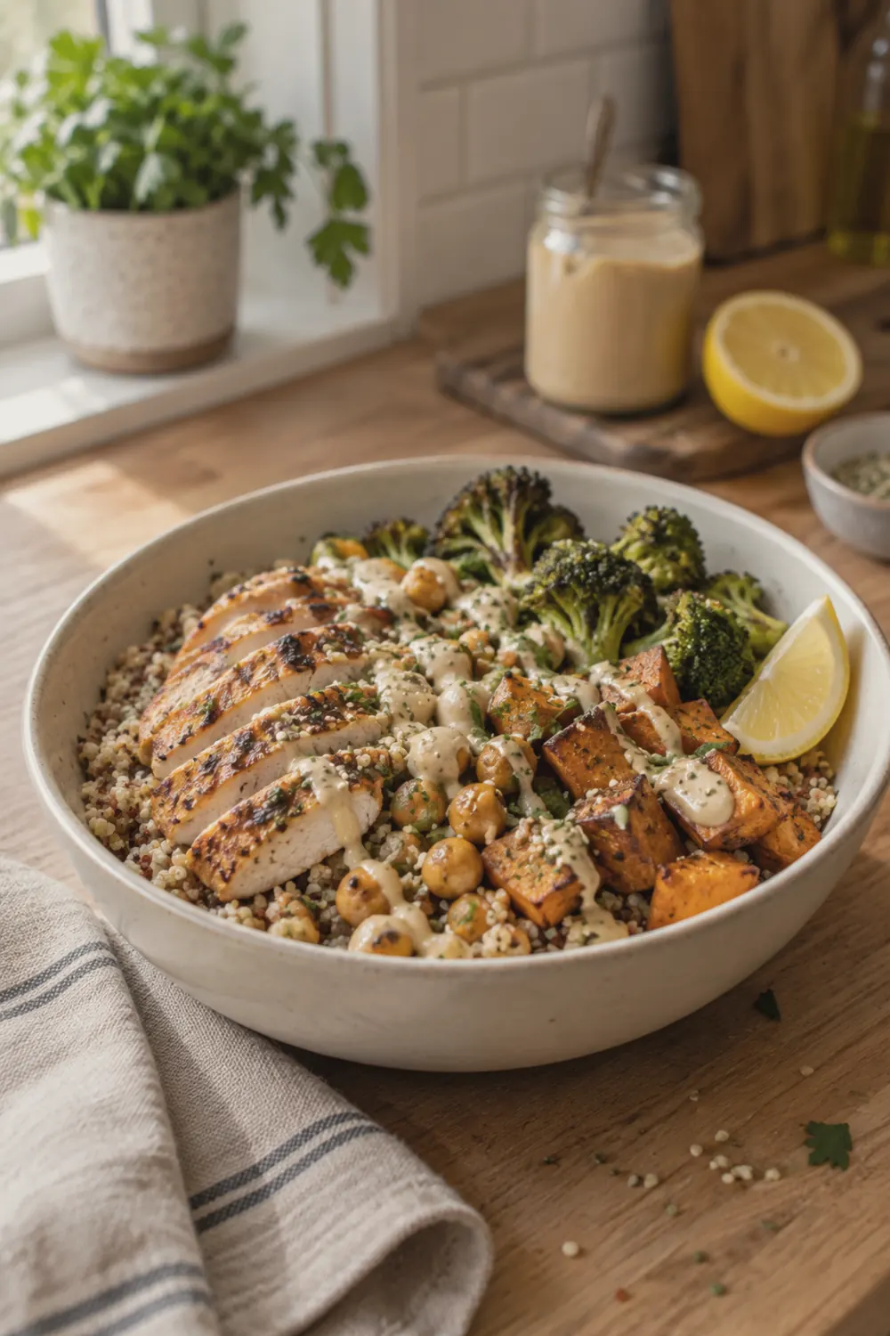 A protein bowl with sliced grilled chicken breast over quinoa, roasted sweet potato cubes, steamed broccoli, chickpeas, and a drizzle of tahini sauce, served in a deep round ceramic bowl on a light wooden table.
