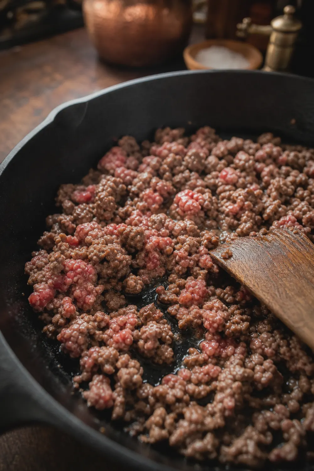 Ground beef browning in a skillet, broken into small crumbles with rendered fat visible
