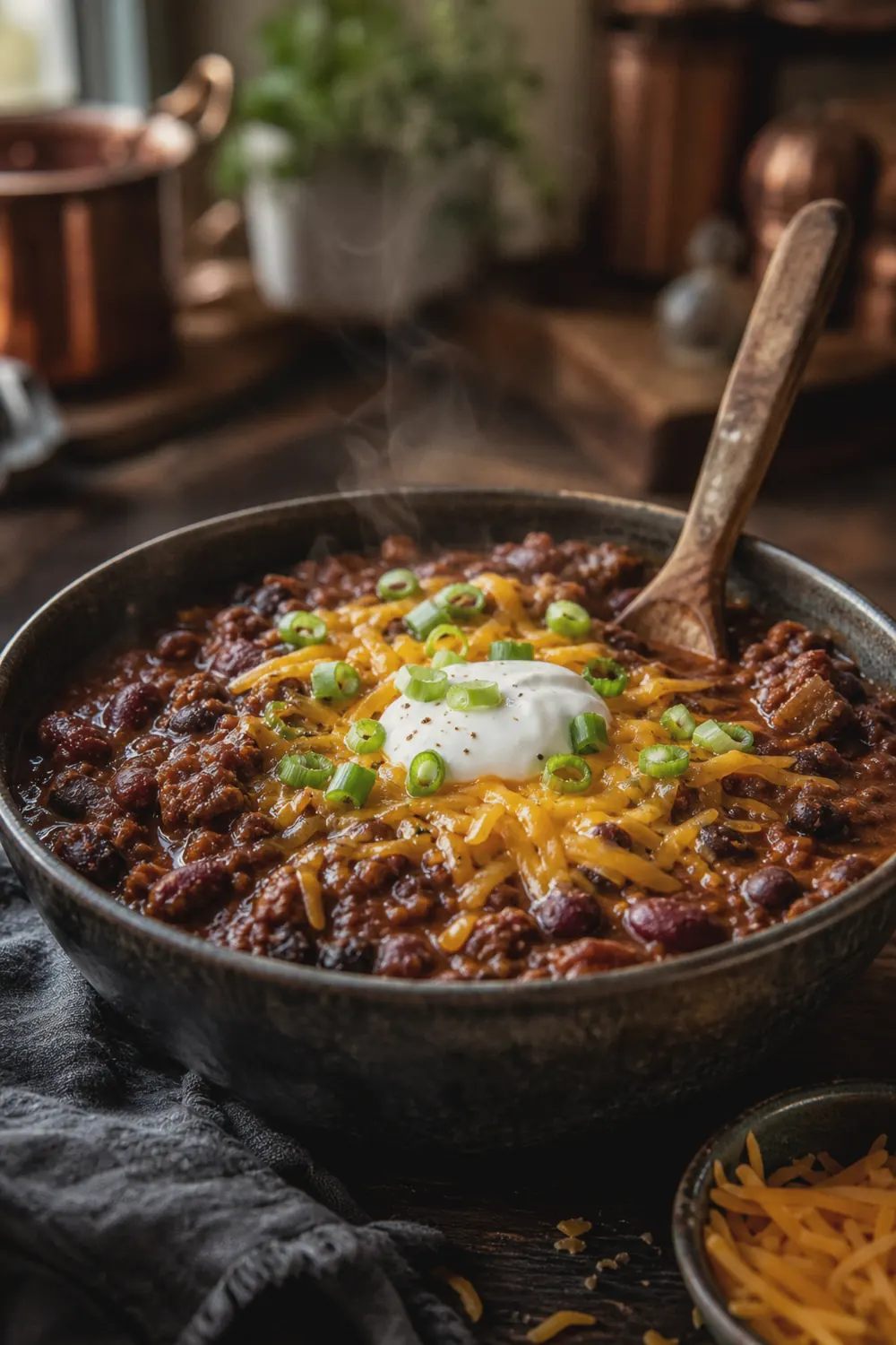 Thick finished slow cooker chili in a bowl topped with shredded cheddar cheese and sour cream