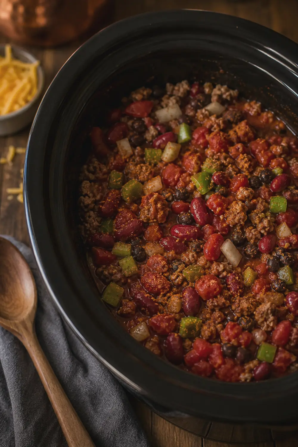 Slow cooker loaded with browned beef, kidney beans, black beans, diced tomatoes, and spices before cooking
