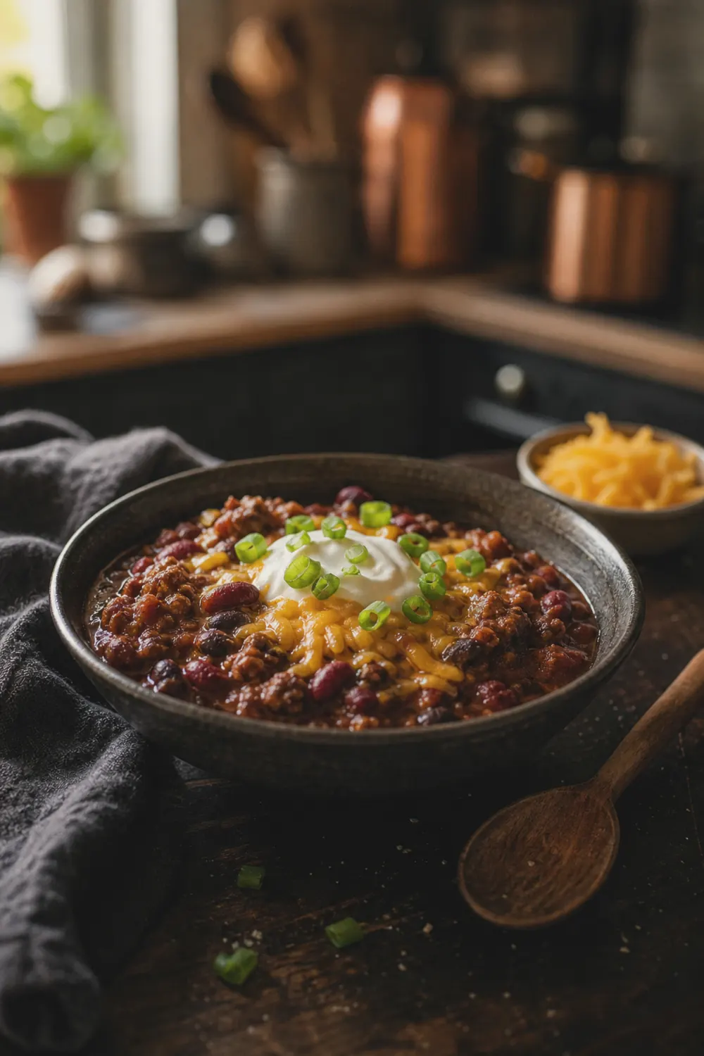 A bowl of thick slow cooker beef chili topped with shredded cheddar cheese, a dollop of sour cream, and sliced green onions, served with a spoon on a wooden table.