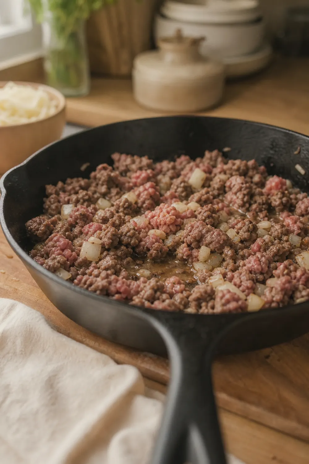 Ground beef browning in a cast iron skillet with diced onion and minced garlic