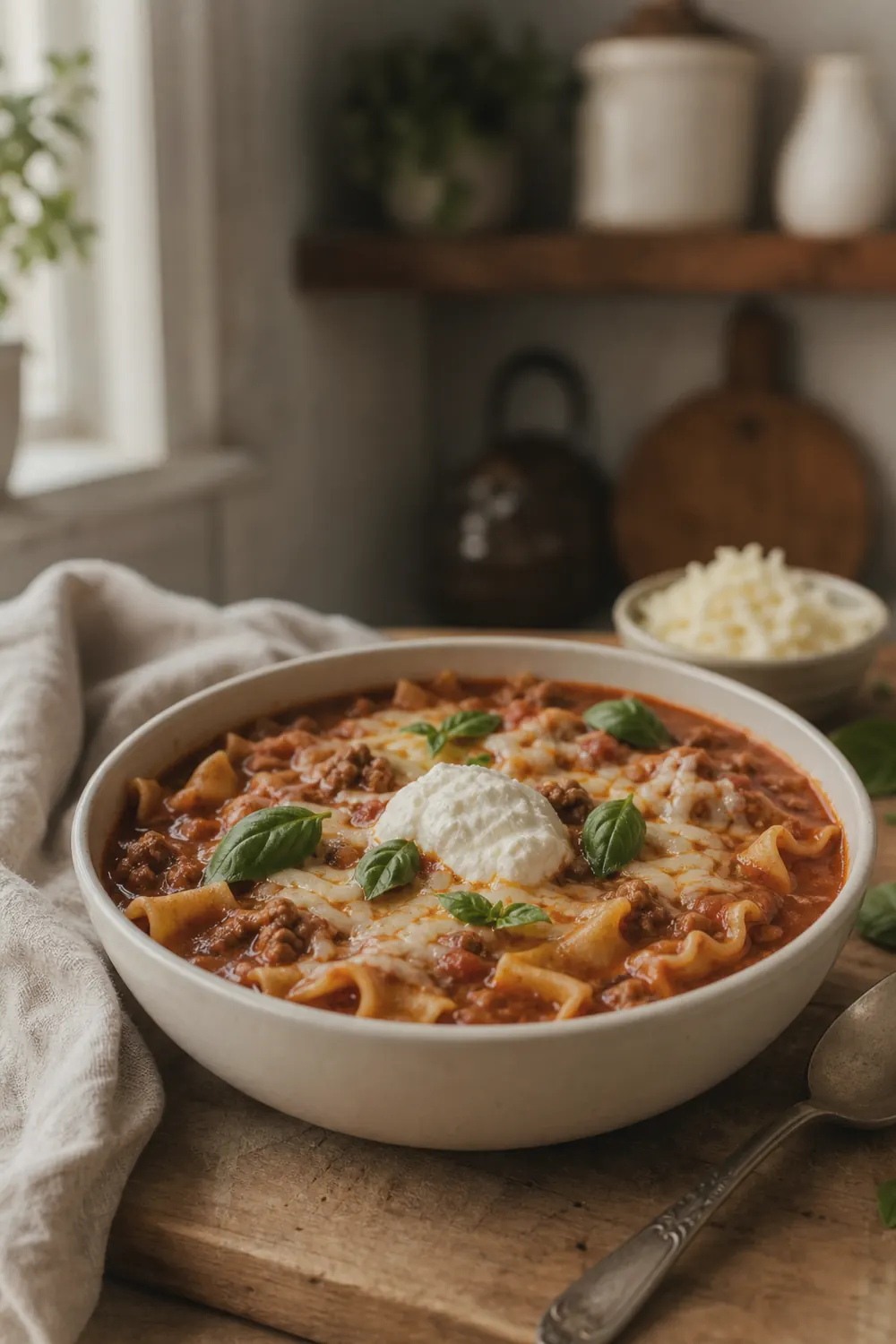 A bowl of finished slow cooker lasagna soup topped with a dollop of white ricotta cheese and fresh basil leaves