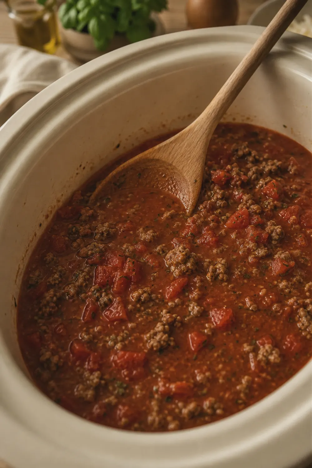 Slow cooker filled with tomato-based soup base with ground beef and Italian seasonings before the long cook