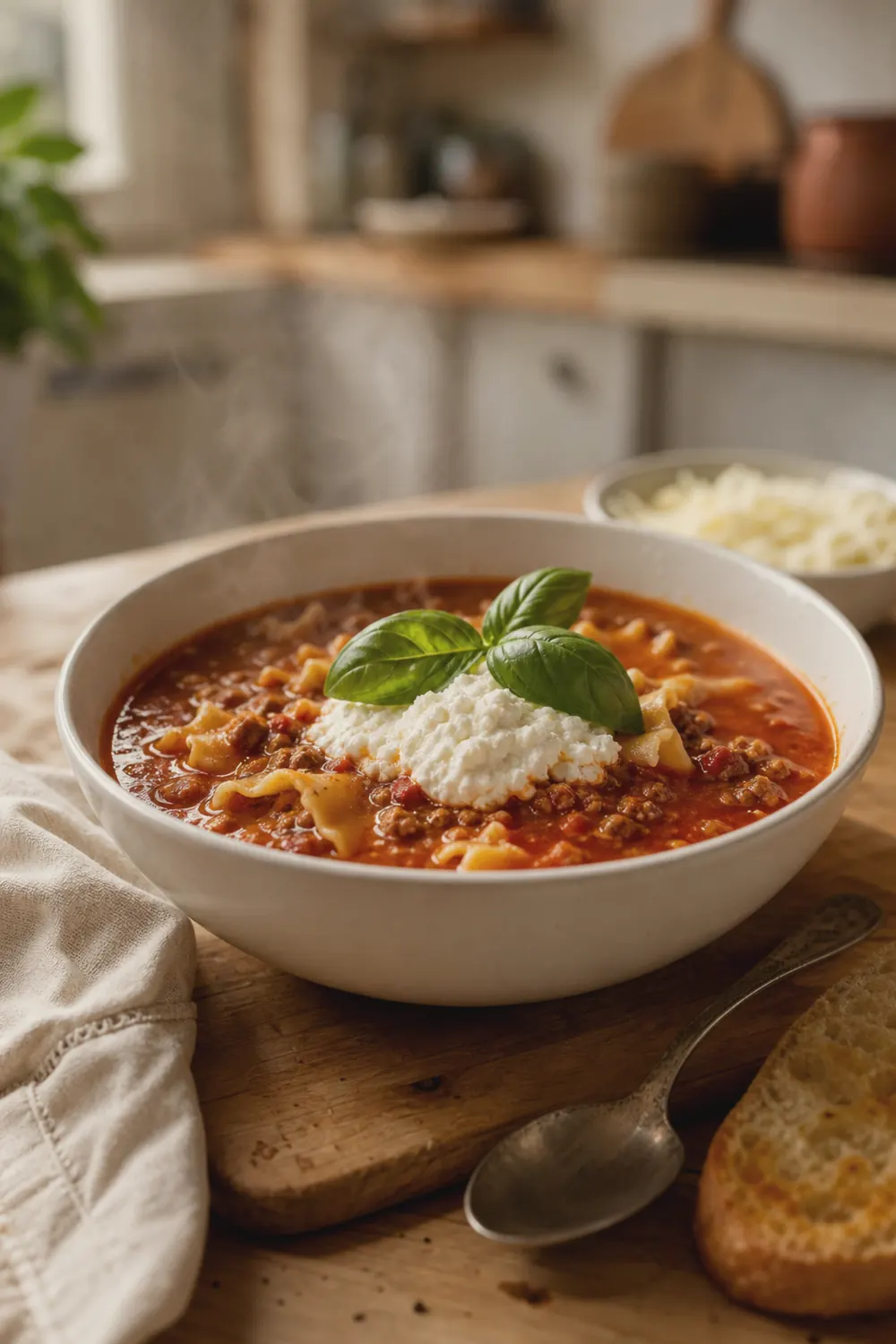 A bowl of slow cooker lasagna soup with broken lasagna noodles, ground beef, and a dollop of ricotta cheese, served on a wooden table with a spoon and crusty bread.