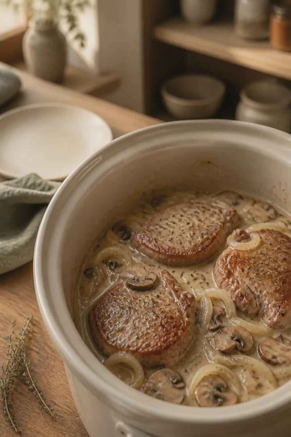 Slow cooker loaded with seared pork chops, sliced onions, and creamy mushroom gravy poured over the top