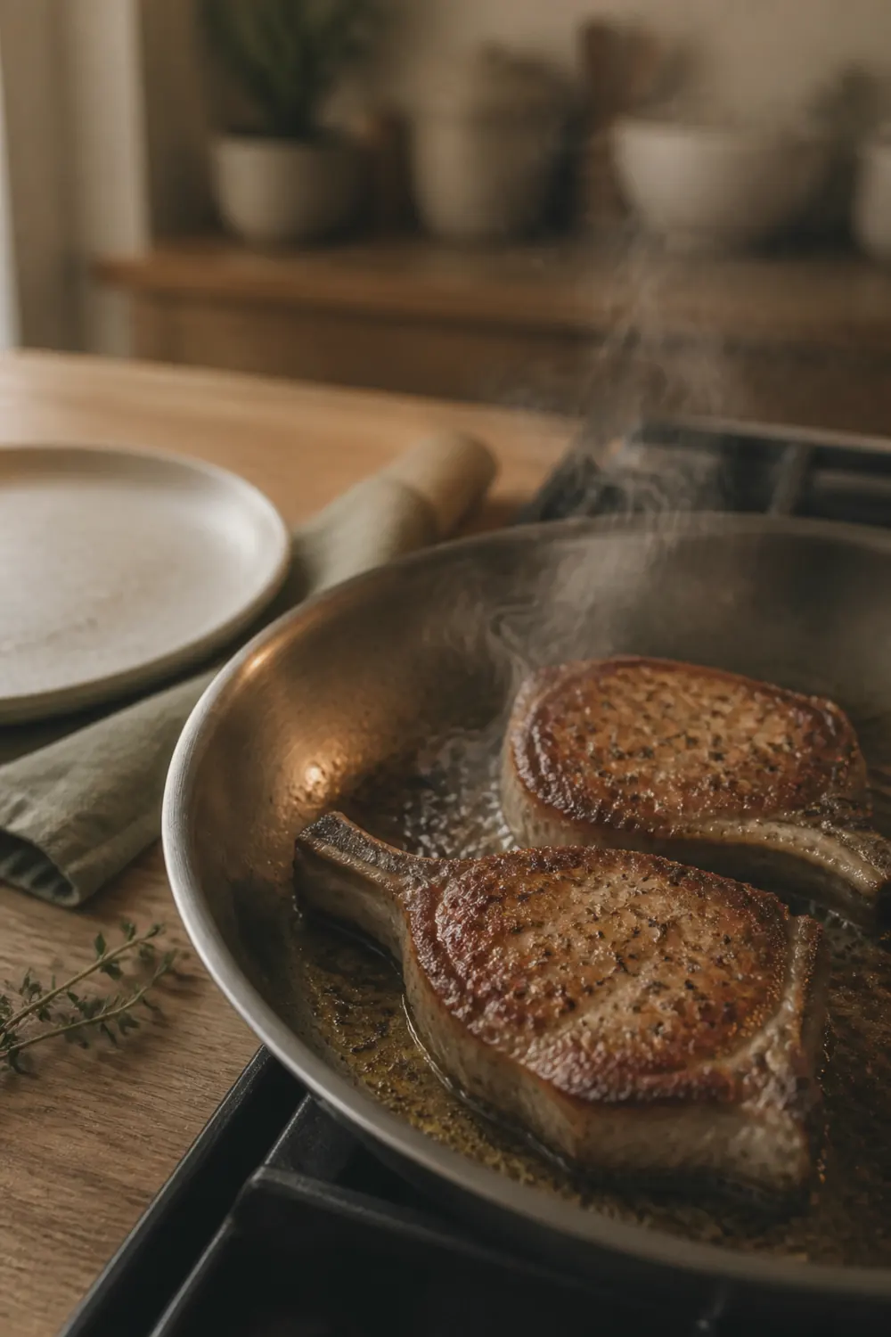 Pork chops searing in a hot skillet with golden-brown crust forming on the surface
