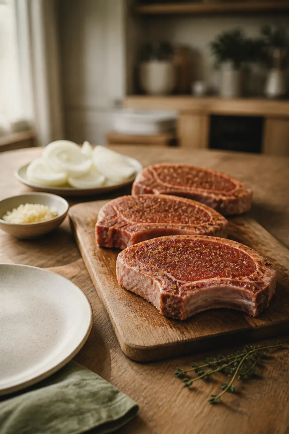 Seasoned raw pork chops on a cutting board with spices and sliced onion arranged nearby