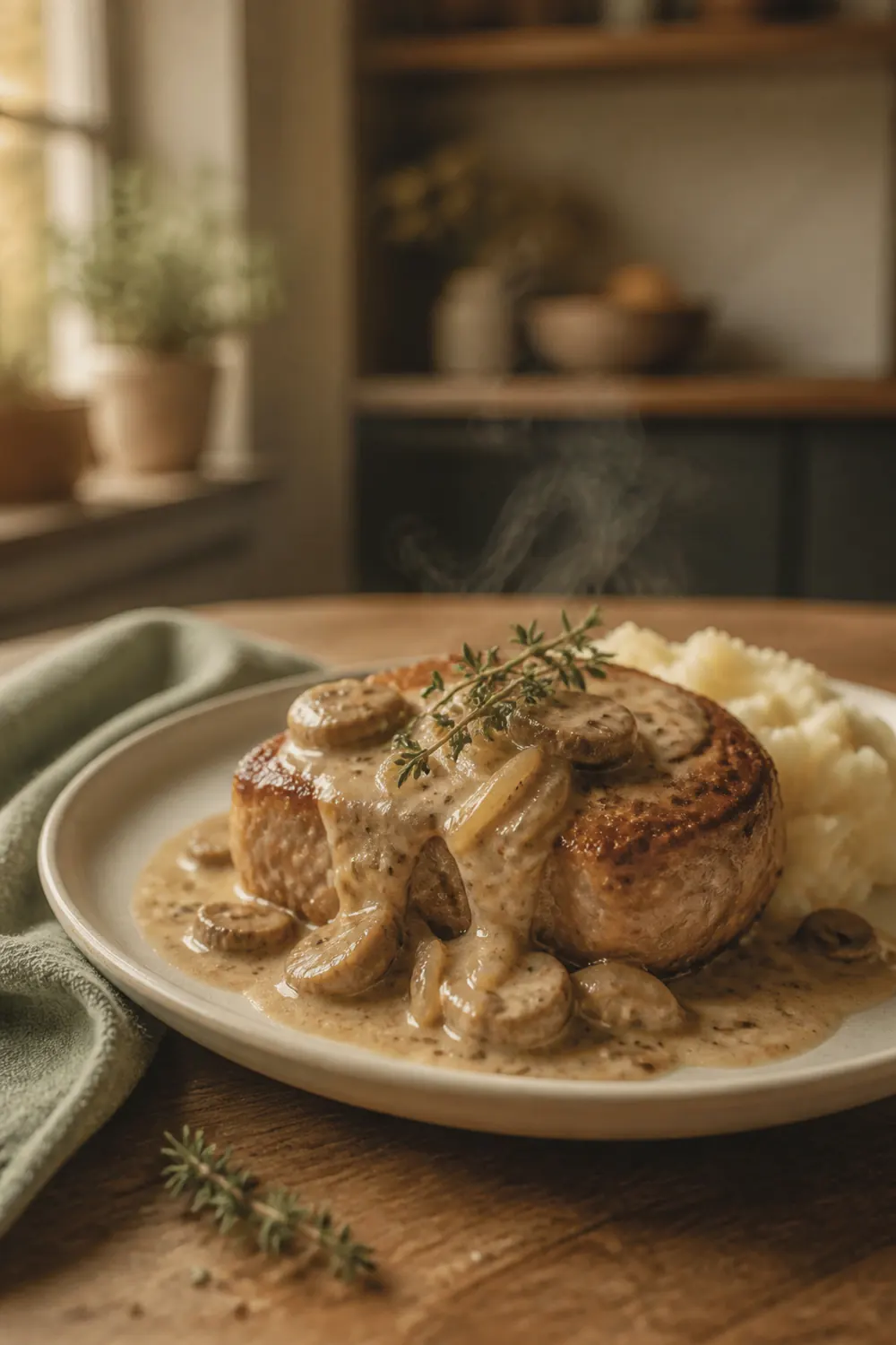 Tender slow cooker pork chops smothered in creamy mushroom gravy, served on a plate with mashed potatoes and fresh thyme sprigs on a wooden table.