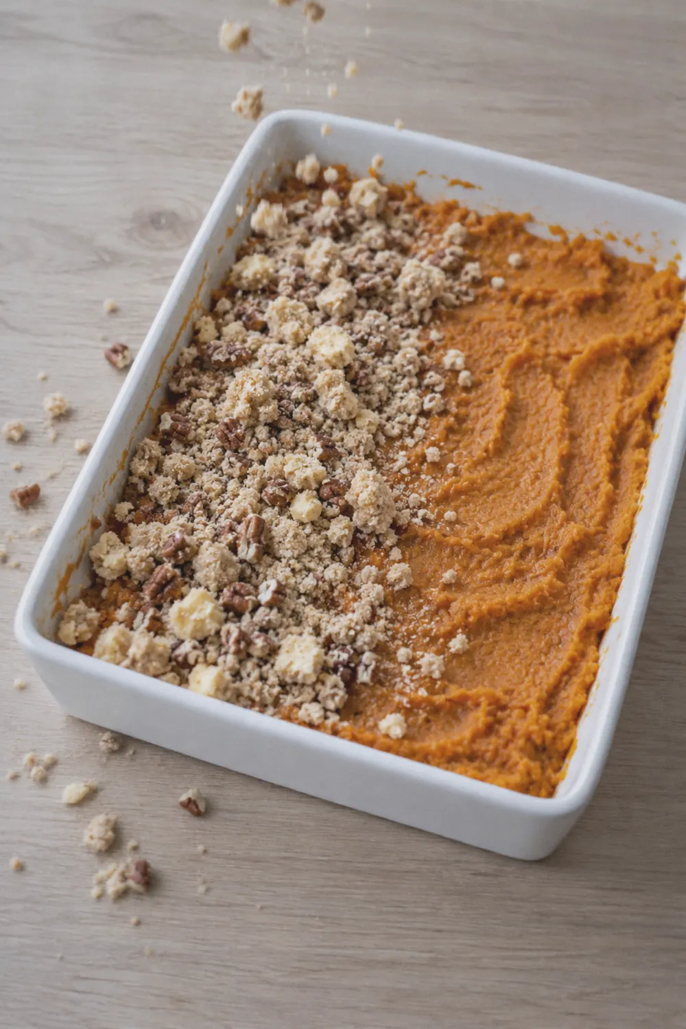 Mashed sweet potato mixture in a large bowl with butter and spices stirred in
