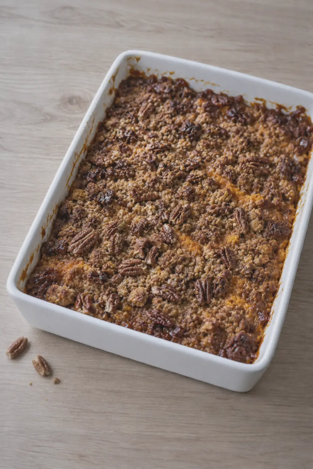 Golden brown pecan streusel on top of baked sweet potato casserole in a white baking dish