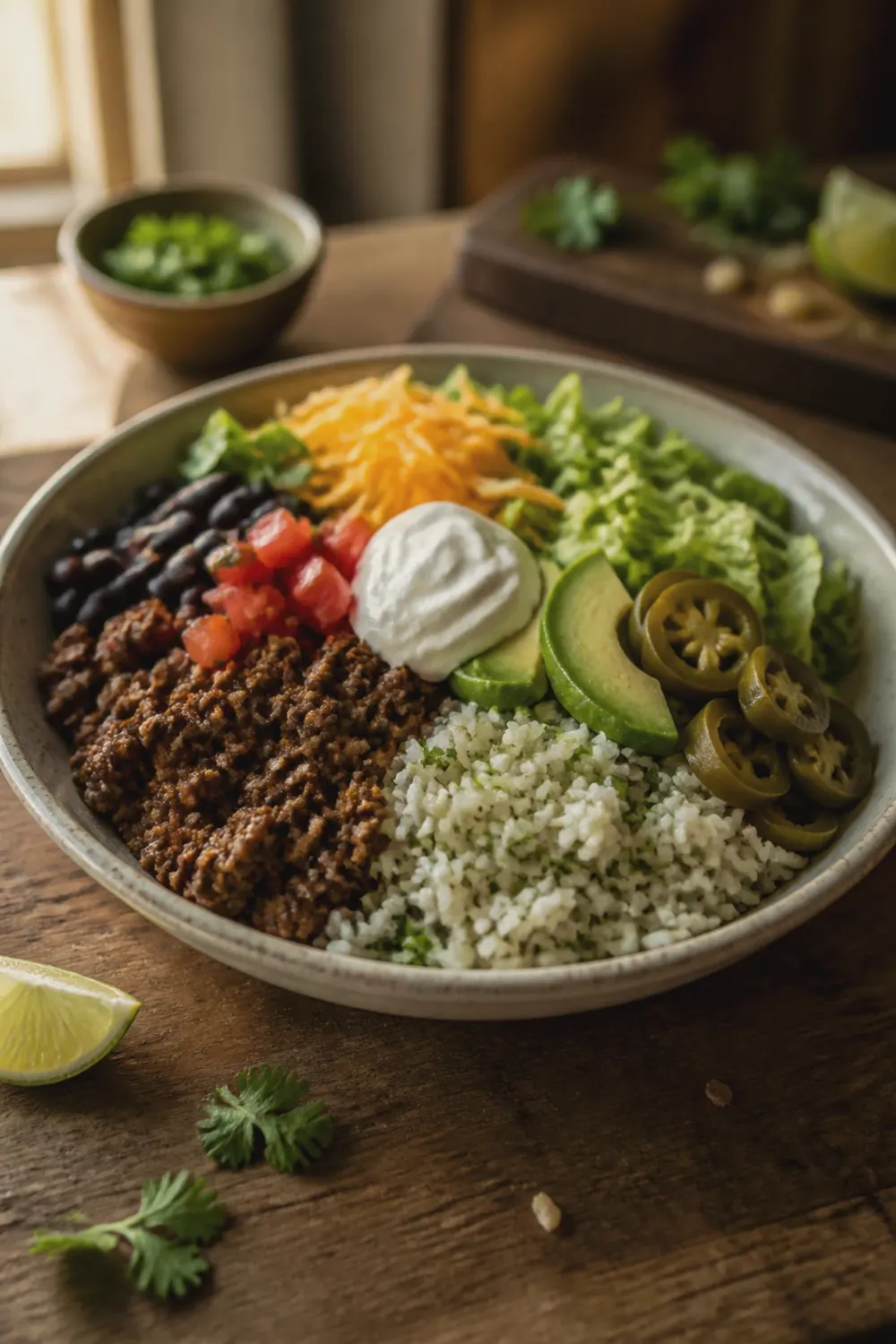 A taco bowl loaded with seasoned ground beef, cilantro-lime rice, black beans, diced tomatoes, shredded lettuce, shredded cheddar cheese, a dollop of sour cream, and sliced jalapeños in a wide stoneware bowl on a wooden table with a wedge of lime on the side.