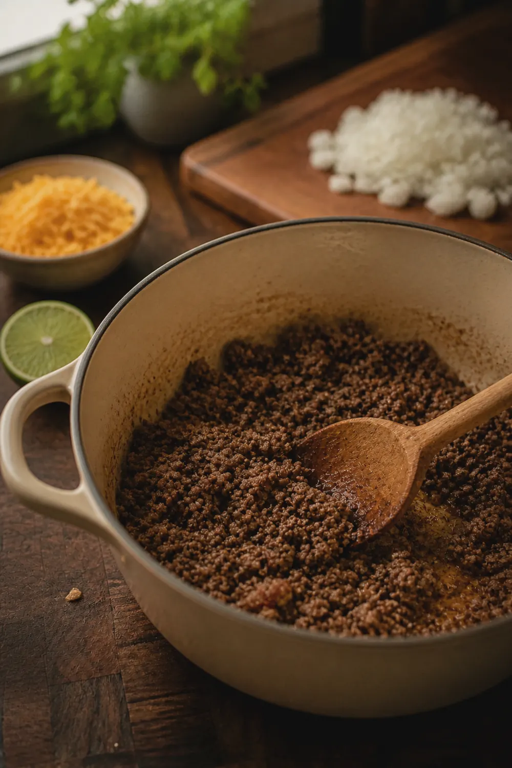 Ground beef browning in a Dutch oven, broken into small crumbles with a wooden spoon, golden-brown bits forming on the bottom of the pot