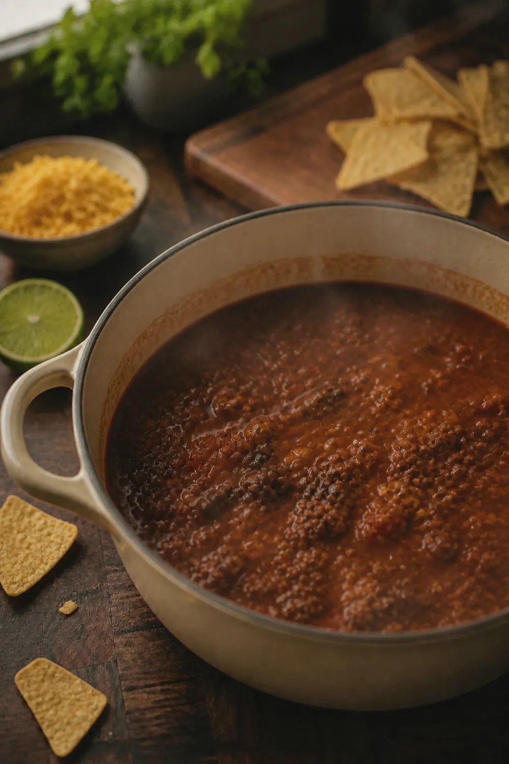 Taco soup simmering in a Dutch oven, thickened and rich with beans, corn, and ground beef visible in a deep red tomato broth