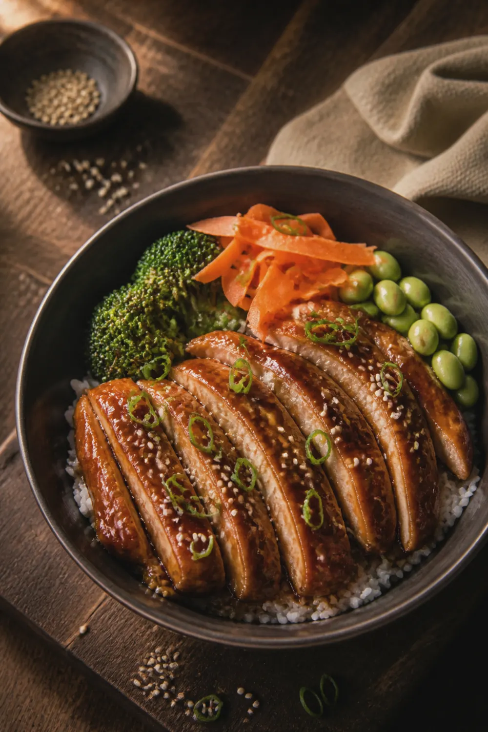 A fully assembled teriyaki chicken bowl with glazed sliced chicken, bright green broccoli, edamame, and pickled carrot ribbons arranged in sections over white rice, topped with sesame seeds and green onions