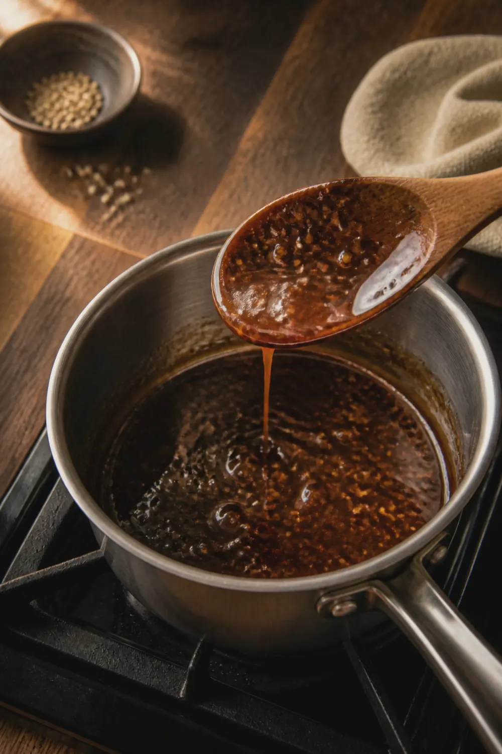 Thick glossy teriyaki sauce coating a wooden spoon held over a small saucepan