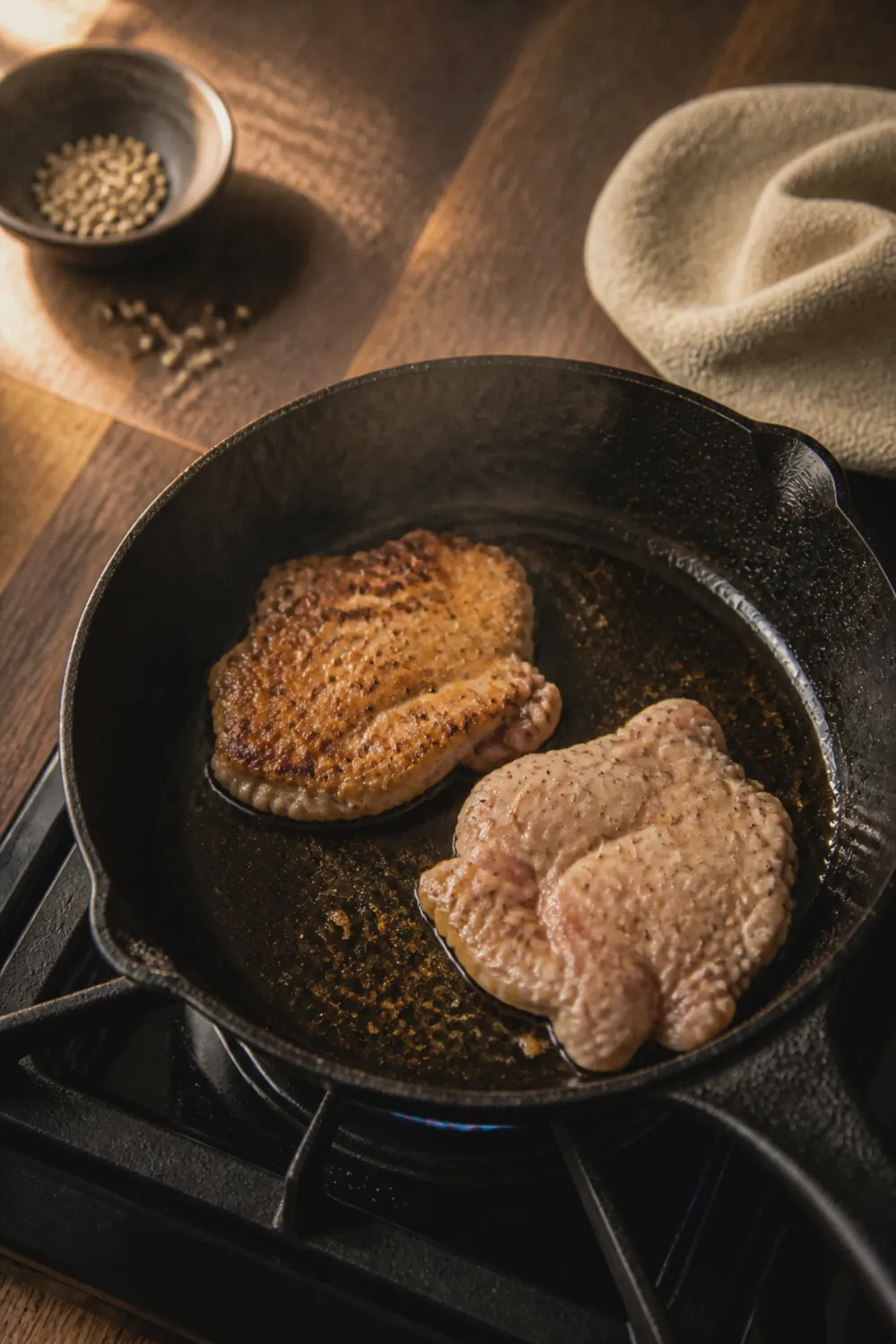 Golden-brown chicken thighs searing in a cast iron skillet, one thigh flipped to show the crispy seared surface