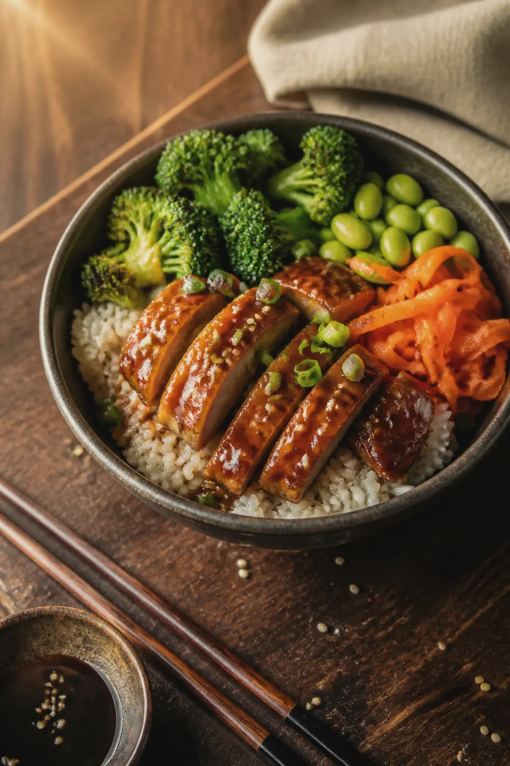 A teriyaki chicken bowl with sliced glazed chicken thighs, steamed broccoli, shelled edamame, and pickled carrot ribbons arranged over white rice in a dark ceramic bowl, drizzled with teriyaki sauce and topped with sesame seeds and sliced green onions.