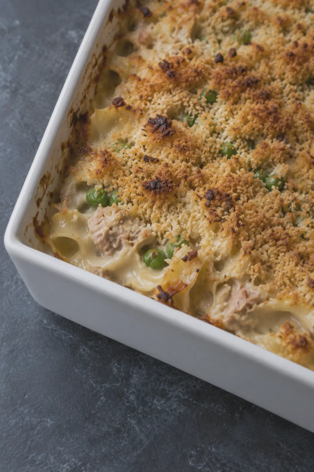Tuna noodle casserole fresh from the oven with golden panko breadcrumbs on top and creamy filling visible at the edges