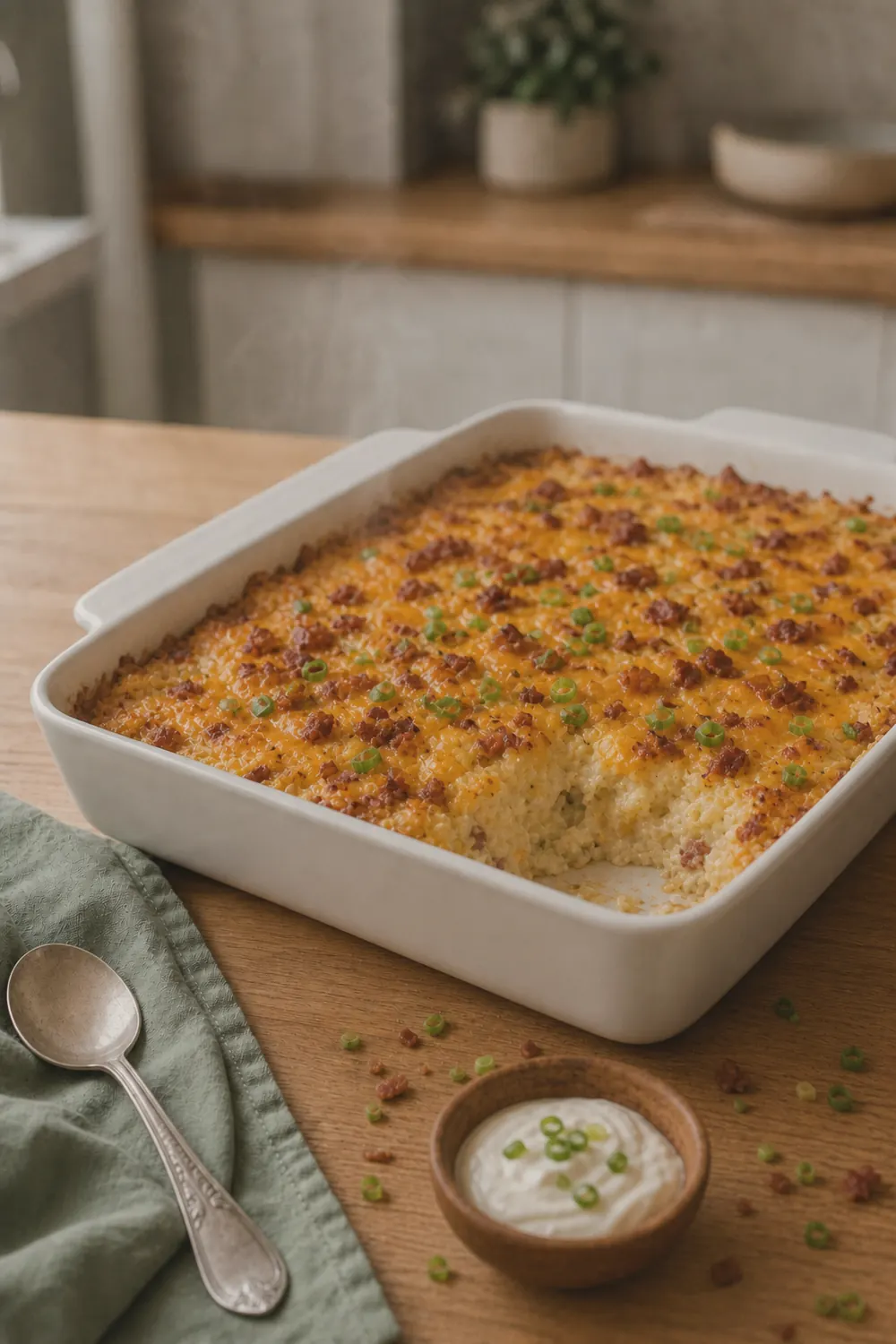 Finished twice baked potato casserole in a white baking dish, golden bubbly melted cheese covering the top with crispy bacon bits and sliced green onions