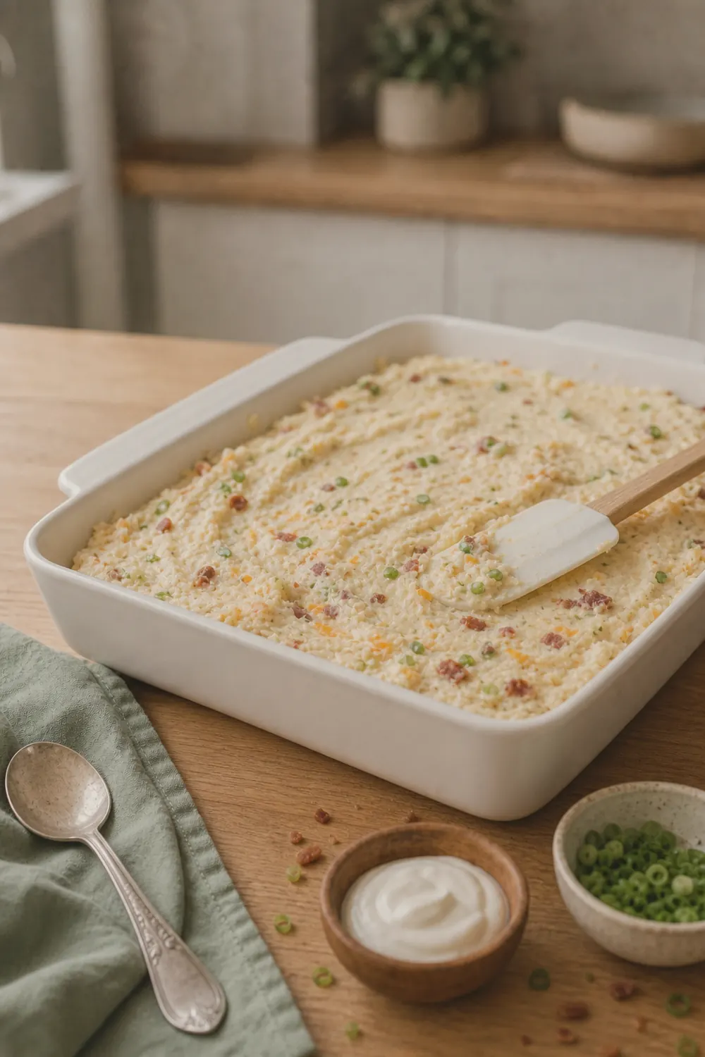 Creamy mashed potato mixture being spread into a white 9x13 baking dish with a rubber spatula, flecks of bacon and green onion visible throughout
