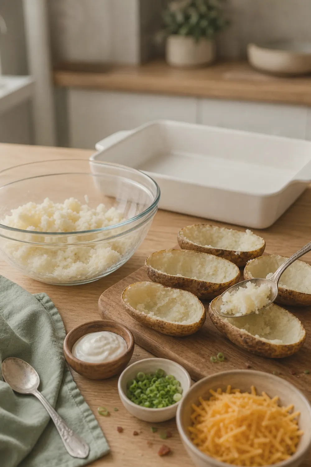 Baked russet potatoes halved on a cutting board with a spoon scooping fluffy white potato flesh into a large mixing bowl
