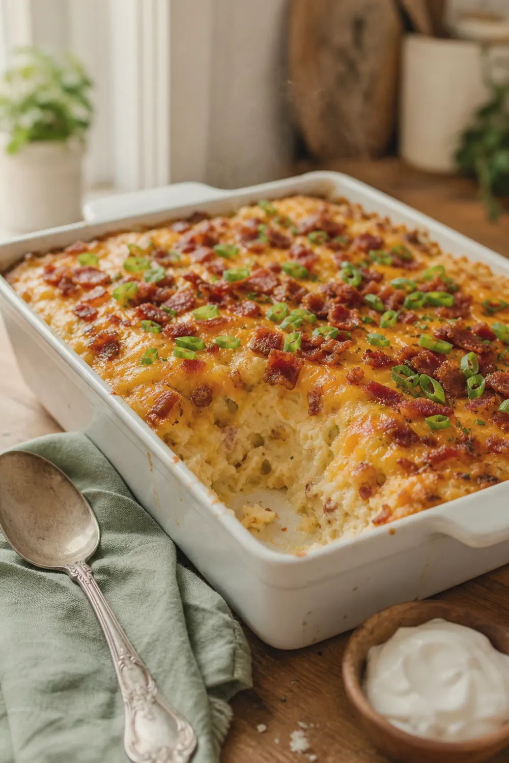 Twice baked potato casserole in a white rectangular baking dish, golden and bubbly with melted cheddar and crispy bacon bits scattered across the top.